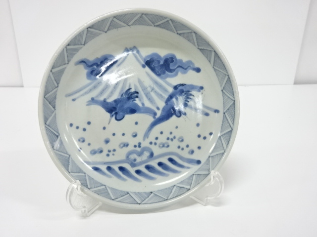 古伊万里　染付　富士　鶴　六寸皿